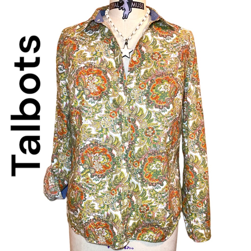 Talbots Cotton Button Down Blouse Flora Pattern of Orange, Green, Yellow, White